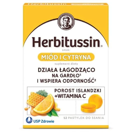 Herbitussin Miód i Cytryna, 12 pastylek do ssania - Połączenie ekstraktów ziołowych wspiera gardło i odporność