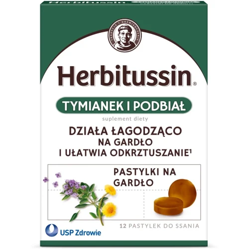 Herbitussin Tymianek i Podbiał, 12 pastylek do ssania - Połączenie ekstraktów ziołowych wspiera gardło, ułatwia dokrztuszanie