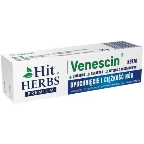 Hit Herbs Premium Venescin, krem 35 g - Z diosminą i wyciągiem z kasztanowca na zmęczone i ciężkie nogi