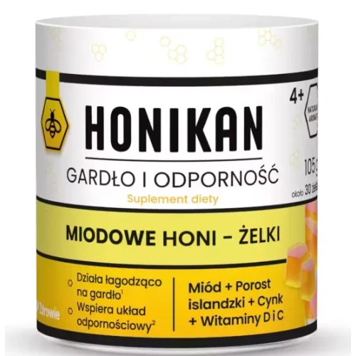 Honikan Gardło i Odporność Miodowe Honi-żelki, 30 sztuk - Z miodem, porostem islandzkim, cynkiem i witaminami D i C