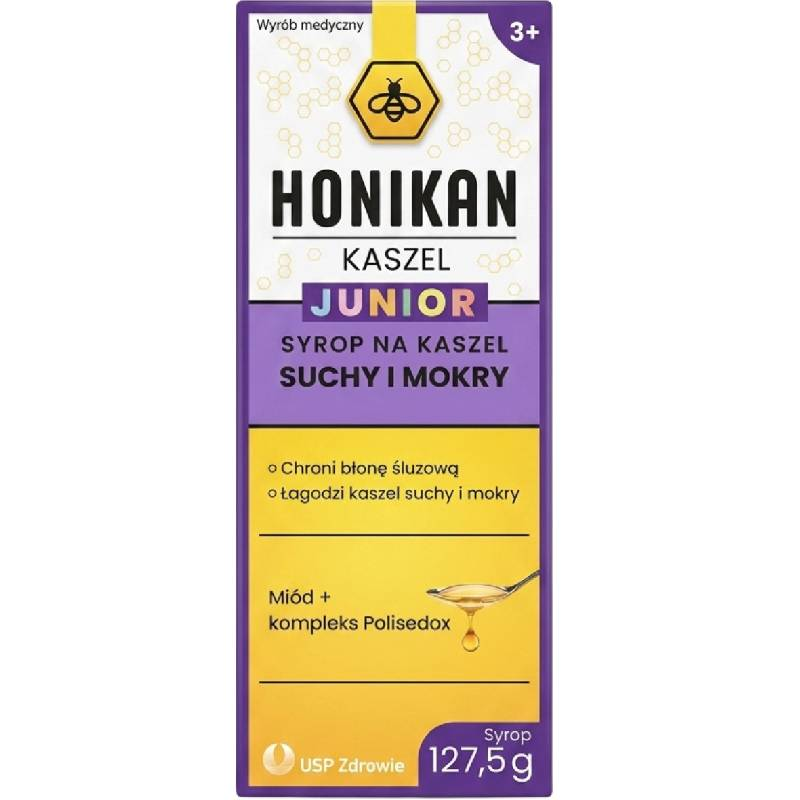 Honikan Junior syrop na kaszel suchy i mokry, 127,5 g - Dla dzieci od 3. roku życia, z kompleksem Polisedox i miodem akacjowym