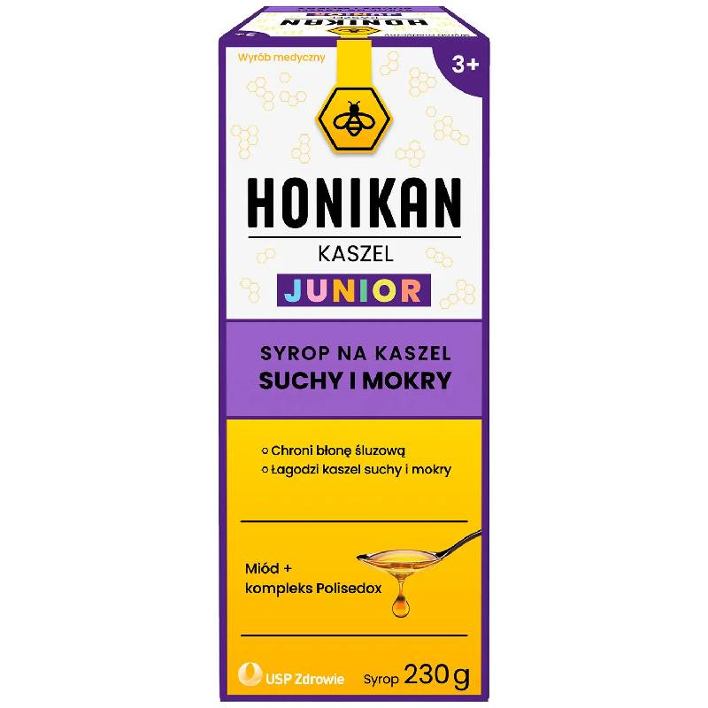 Honikan Junior syrop na kaszel suchy i mokry,  230 g - Dla dzieci od 3. roku życia z miodem akacjowym i kompleksem Polisedox