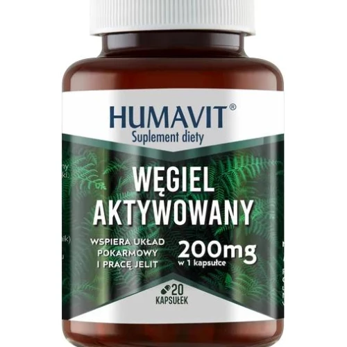 Humavit Węgiel Aktywowany, 20 kapsułek - Wsparcie w problemach przewodu pokarmowego, biegunkch i wzdęciach