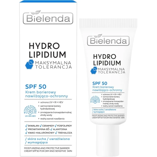 Bielenda Hydro Lipidium Krem barierowy SPF 50 nawilżająco-ochronny, 30 ml - z Ceramidami i Kwasem Hialuronowym