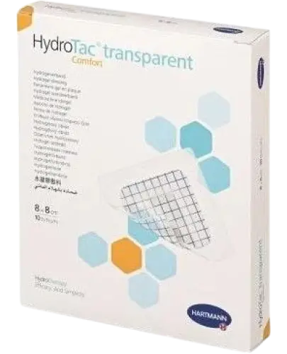 HydroTac Transparent Comfort Opatrunek 8 cm x 8 cm, 10 sztuk - Wodoodporny, przejrzysty opatrunek hydrożelowy wykonany z nawodnionego poliuretanu