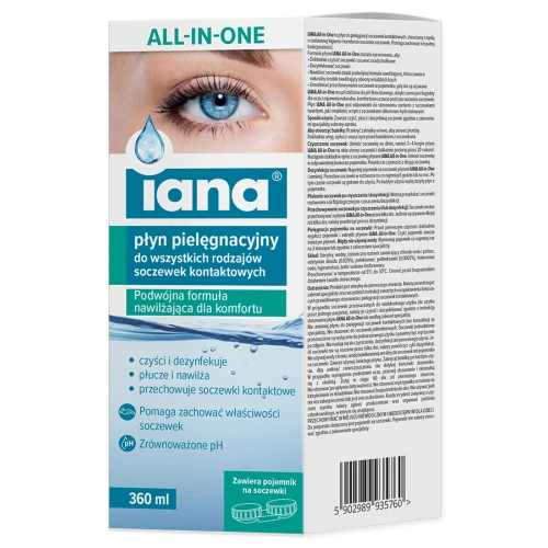 Iana All In One Płyn pielęgnacyjny do soczewek kontaktowych, 360 ml - Czyści soczewki i usuwa osady białkowe