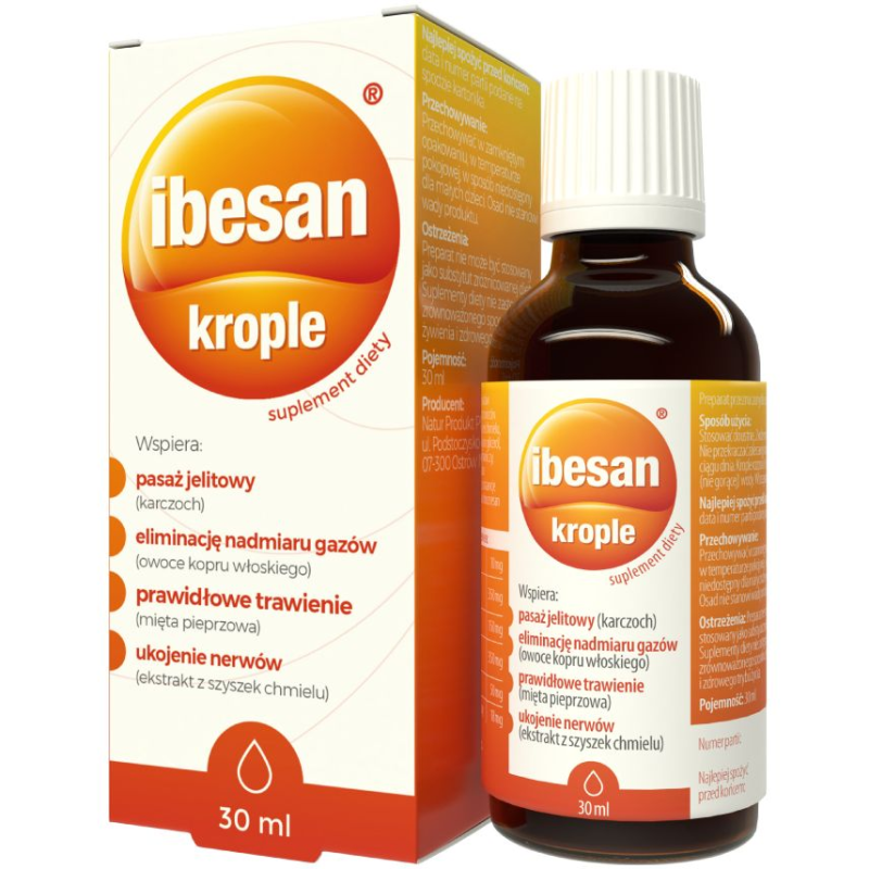 Ibesan, krople doustne, 30ml - Z karczochem i miętą, które wspierają prawidłowe trawienie i pasaż jelitowy oraz eliminację gazów