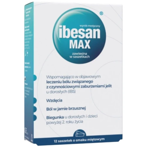Ibesan Max smak miętowy, 12 saszetek - Wspomaga leczenie objawowe bólu związanego z czynnościową chorobą jelit 