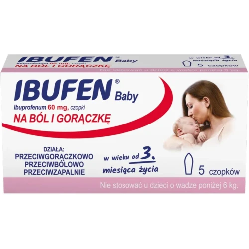 Ibufen Baby 60 mg, od 3 miesiąca życia, 5 czopków - Przeciwbólowe, przeciwgorączkowe i przeciwzapalne
