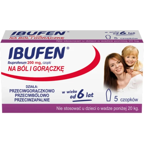 Ibufen 200 mg, od 6 lat, 5 czopków - Przeciwbólowe, przeciwgorączkowe i przeciwzapalne