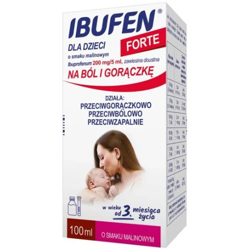 Ibufen Forte 200mg/5ml malinowy, zawiesina doustna 100 ml - Syrop dla dzieci przeciwbólowy i przeciwgorączkowy bez cukru i sztucznych barwników