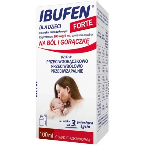 Ibufen Forte 200mg/5ml truskawkowy, zawiesina doustna, 100 ml - Syrop dla dzieci na ból i gorączkę