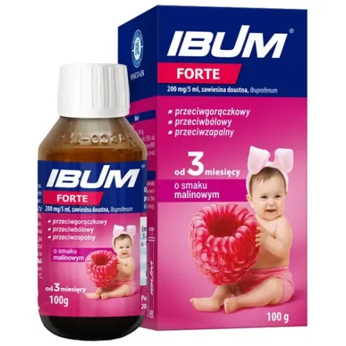 Ibum Forte 200 mg/5 ml, smak malinowy, zawiesina doustna 100 g  - O działaniu przeciwbólowym, przeciwgorączkowym i przeciwzapalnym