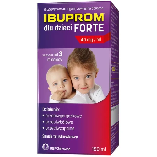 Ibuprom dla dzieci Forte, 40 mg/ml, zawiesina doustna 150 ml - Działa przeciwbólowo, przeciwzapalnie i przeciwgorączkowo