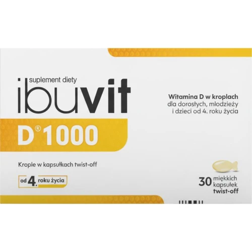 Ibuvit D 1000 j.m., 30 kapsułek twist-off - Z witaminą D3 dla dorosłych, młodzieży i dzieci powyżej 4. roku życia