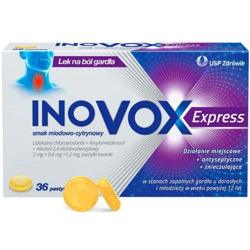 Inovox Express, smak miodowo-cytrynowy, 36 pastylek - Szybka ulga w bólu gardła