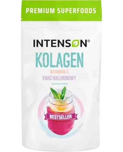 Intenson Kolagen Witamina C + Kwas hialuronowy, proszek 60 g - Z kolagenem wieprzowym typu I i II