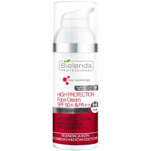 Bielenda Professional Post Treatment Care - Wysoka Ochrona Krem do twarzy SPF 50+ & PA++, 50 ml - Po zabiegach kosmetycznych i medycyny estetycznej