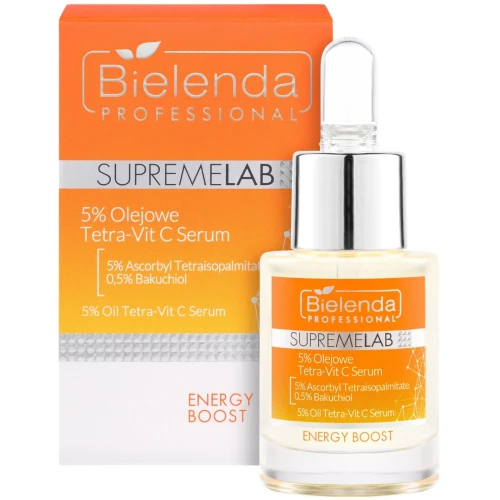 Bielenda Supremelab Energy Boost 5% Olejowe Tetra-Vit C Serum, 15 ml - Z witaminą C i bakuchiolem na przebarwienia