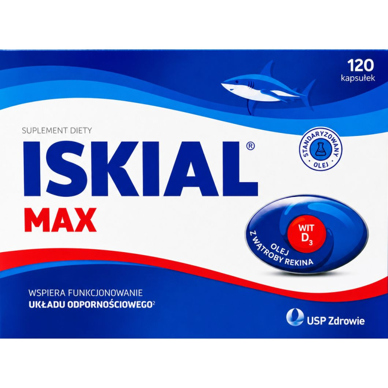 Iskial Max, 120 kapsułek - Z olejem z wątroby rekina i witaminą D, dla dzieci powyżej 6. roku życia i dorosłych.