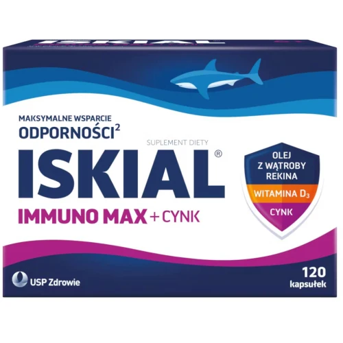 Iskial Immuno Max + Cynk, 120 kapsułek - Z olejem z wątropy rekina, witaminą D i cynkiem
