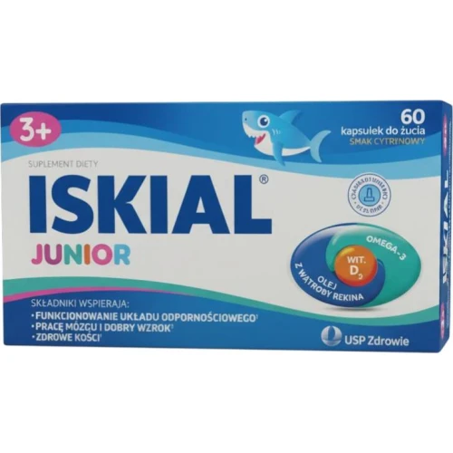 Iskial Junior, smak cytrynowy, 60 kapsułek do żucia - Olej z wątroby rekina i dorsza z DHA oraz witaminą D