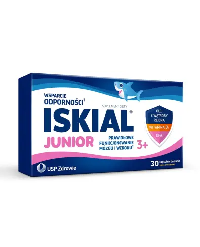 Iskial Junior, 30 kapsułek do żucia  - Cytrynowe kapsułki do żucia z olejem z wątroby rekina i dorsza z DHA oraz witaminą D