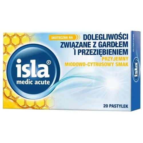 Isla Medic Acute, smak miodowo-cytrusowy 20 pastylek do ssania - Chronią błonę śluzową jamy ustnej oraz gardła, działają nawilżająco