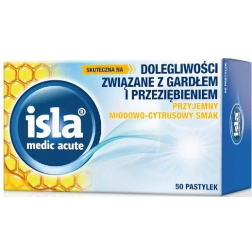 Isla Medic Acute, smak miodowo-cytrusowy, 50 pastylek do ssania - Nawilża i chroni błonę śluzową jamy ustnej oraz gardła