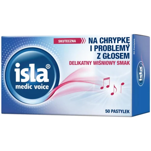 Isla Medic Voice, smak wiśniowy, 50 pastylek do ssania - Nawilżają, łagodzą ból gardła, chronią błonę śluzową jamy ustnej