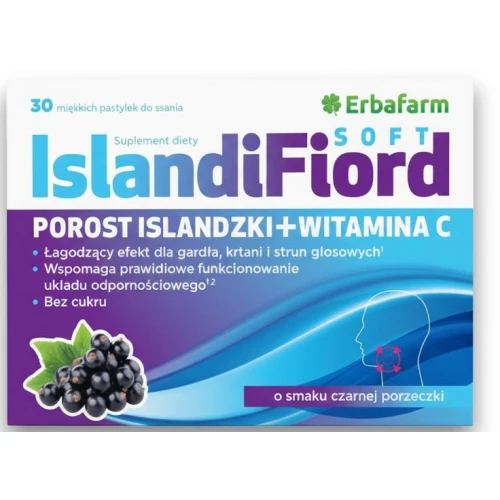 IslandiFiord Soft, czarna porzeczka, bez cukru, 30 pastylek do ssania - Z ekstraktem z porostu islandzkiego i witaminą C