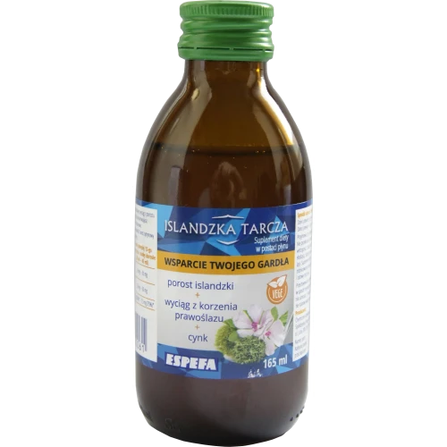 Islandzka Tarcza wsparcie twojego gardła, płyn, 165ml - Z porostem islandzkim, wyciągiem z korzenia prawoślazu oraz cynkiem