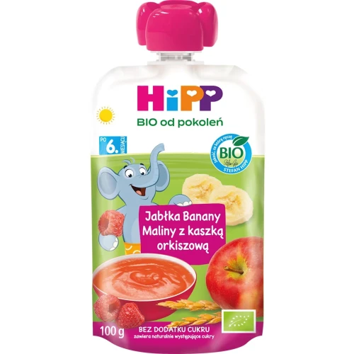 HiPP Jabłka-Banany-Maliny z orkiszem BIO, 100 g - Dla niemowląt po 6. miesiącu życia