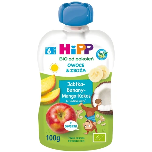 HiPP Muss Jabłka-Banany-Mango-Kokos BIO, 100 g - Dla niemowląt po 6. miesiącu życia