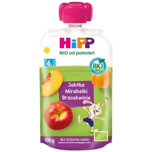 HiPP Mus Jabłka-Brzoskwinie-Mirabelki BIO, 100 g - Dla niemowląt po 6. miesiącu życia