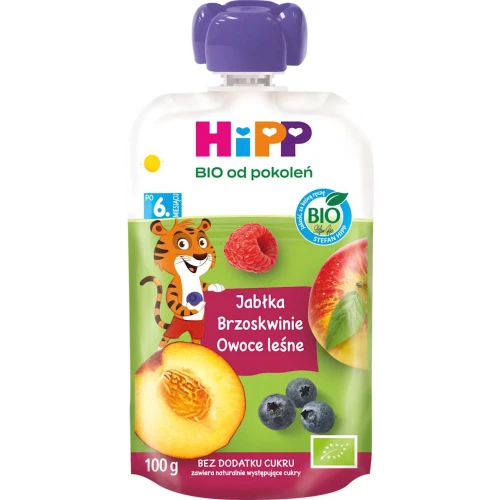 HiPP Mus Jabłka-Brzoskwinie-Owoce leśne BIO, 100 g - Dla niemowląt po 6. miesiącu życia