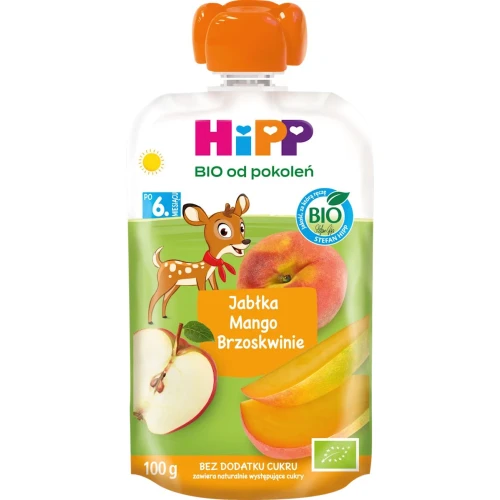 HiPP Mus Jabłka-Mango-Brzoskwinie BIO, 100 g - Dla niemowląt po 6. miesiącu życia