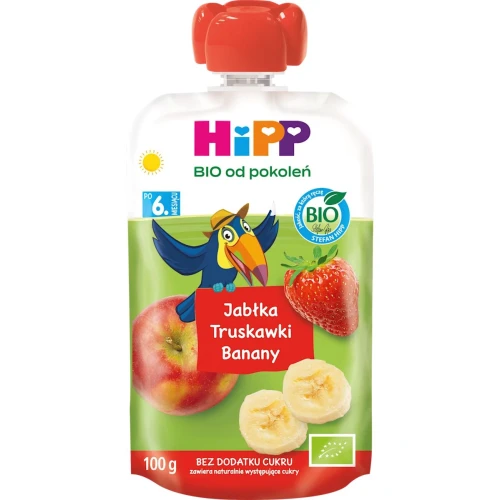 HiPP Mus Jabłka-Truskawki-Banany BIO, 100 g - Dla niemowląt po 6. miesiącu życia