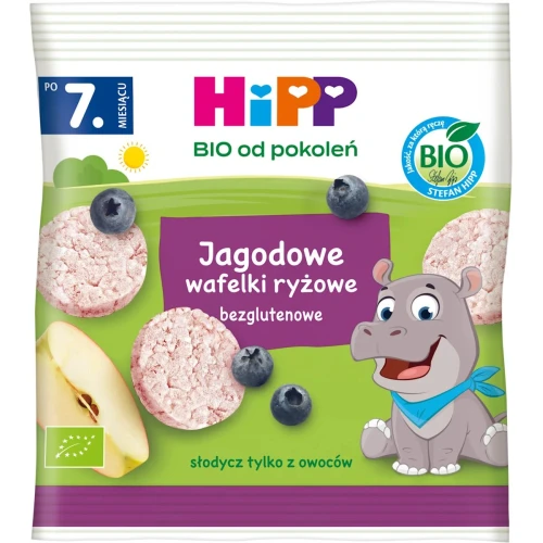 HiPP Jagodowe wafelki ryżowe BIO, 30 g - Bezglutenowa przekąska dla dzieci dla niemowląt od 7. miesiąca życia
