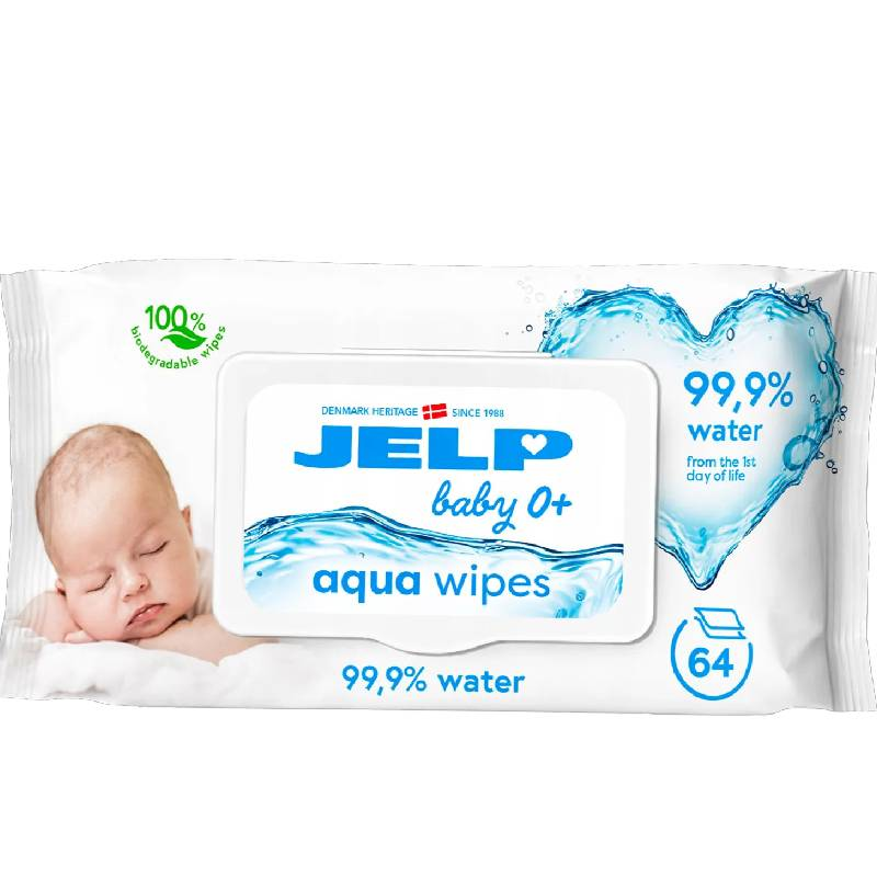 Jelp Baby 0+, chusteczki nawilżane, 99,9% wody, 64 sztuki - Oczyszczają wrażliwą skórę noworodków i niemowląt od 1. dnia życia