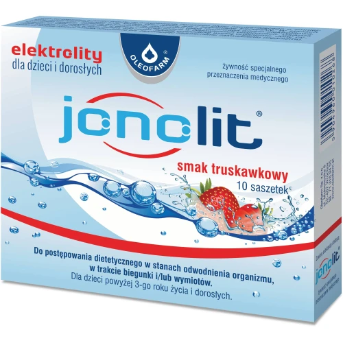 Oleofarm Jonolit Elektrolity, smak truskawkowy, 10 saszetek - Doustny płyn nawadniający dla dorosłych i dzieci od 3. roku życia