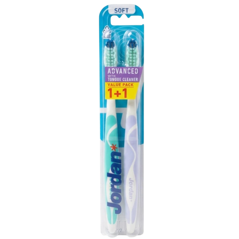 Jordan Advanced with tongue cleaner, soft, szczoteczka do zębów 2 sztuki - Z wskaźnikiem zużycia i czyścikiem do języka