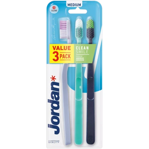 Jordan Clean Smile Medium, szczoteczka do zębów, 3 sztuki - Manualna szczoteczka do zębów apewnia precyzyjną higienę jamy ustnej
