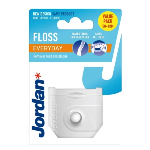 Jordan Everyday Floss, nić dentystyczna woskowana, miętowa z fluorem, 50 +10 m - Uniwersalna, ułatwia czyszczenie przestrzeni międzyzębowych