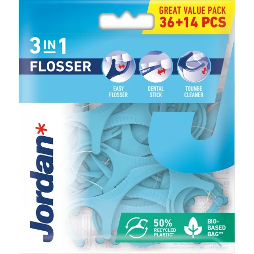 Jordan Flosser 3w1 Nić, wykałaczka i czyścik do języka, 50 sztuk - Wielofunkcyjne czyściki z nicią dentystyczną
