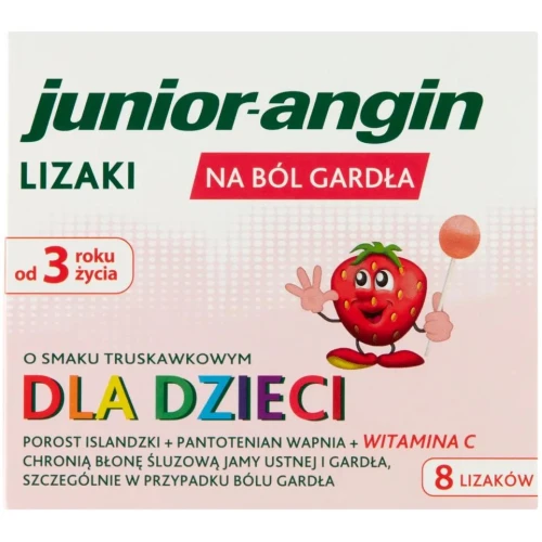 Junior angin, smak truskawkowy, 8 lizaków do ssania - Z porostu islandzkiego, powlekają błonę śluzową jamy ustnej ochronnym filmem