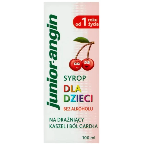 Junior angin, smak czereśniowy, syrop bez alkoholu,  100 ml - Porost islandzki i malwa powlekają, łagodzą kaszel i ból gardła