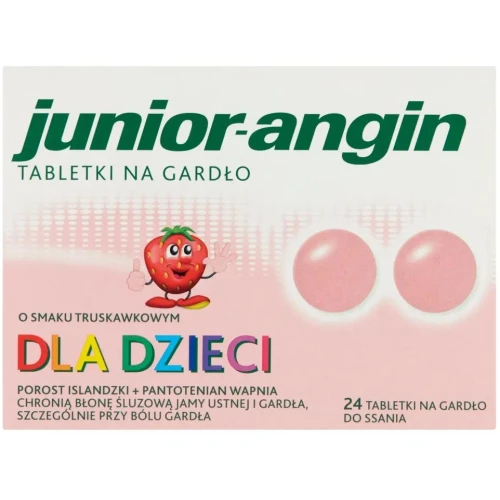 Junior angin, truskawkowy, 24 tabletki do ssania - Z porostu islandzkiego, powlekają i łagodzą ból podrażnionego gardła