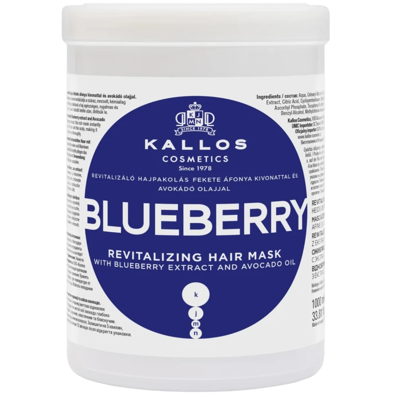 Kallos Kjmn Blueberry, jagodowa maska do włosów, 1000 ml - Z olejem z awokado do suchych i zniszczonych  koloryzacją i rozjaśnianiem