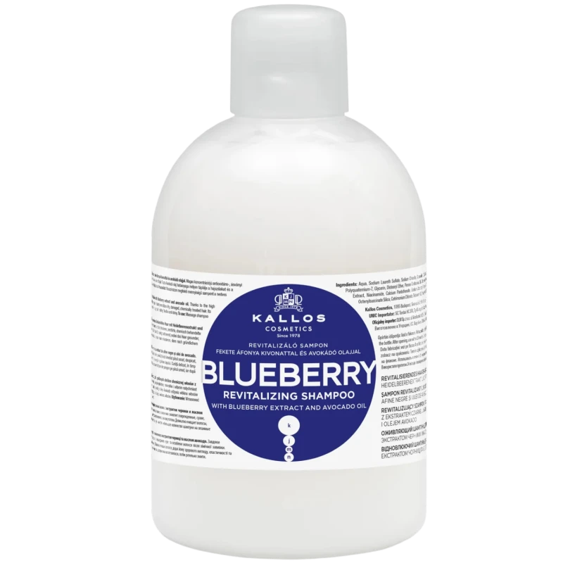 Kallos Kjmn Blueberry, jagodowy szampon do włosów, 1000 ml - Z olejem z awokado do włosów suchych i zniszczonych zabiegami fryzjerskimi